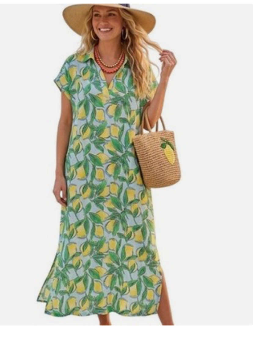 Isaac Mizrahi Linen Yellow, Green & Blue Lemon-Print Dress